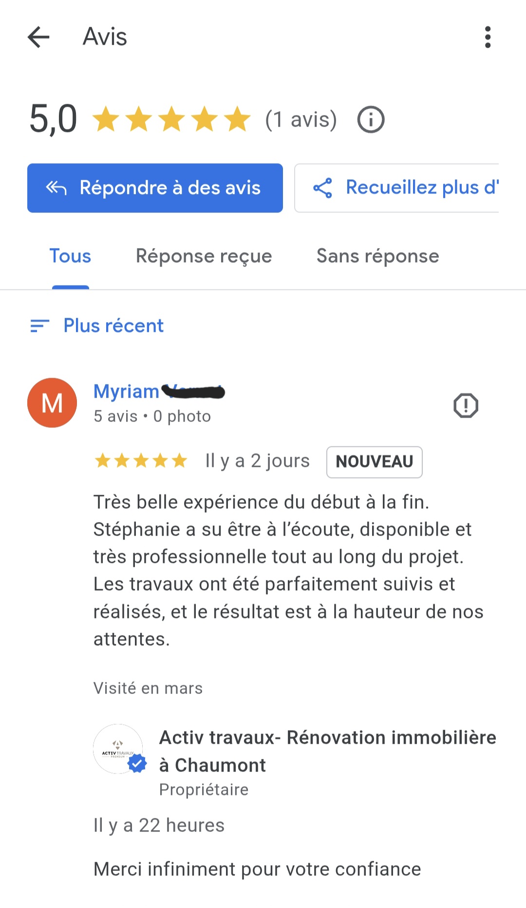 image de PARTAGE D'UN AVIS CLIENT APRES TRAVAUX