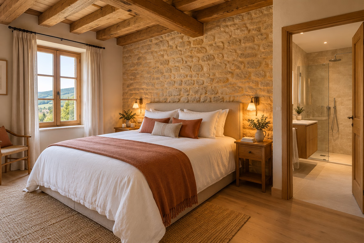 Réalisation Aménagement d’une chambre d’hôtes avec salle d’eau dans le Beaujolais - Porte des Pierres Dorées